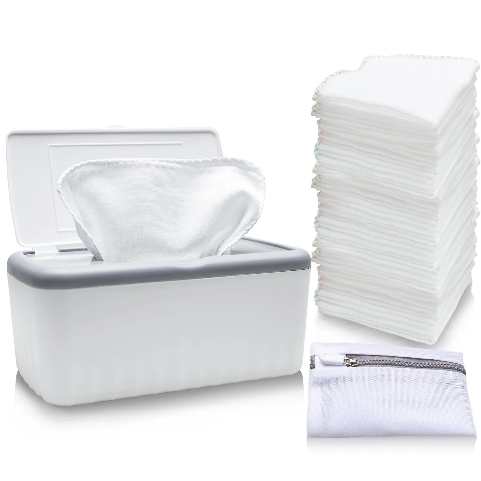 64 Pack Flannel Cloth Baby Wipes with Dispenser, Reusable, Skin-friendly, Washable Baby Wipes, Essential for Cloth Diapers