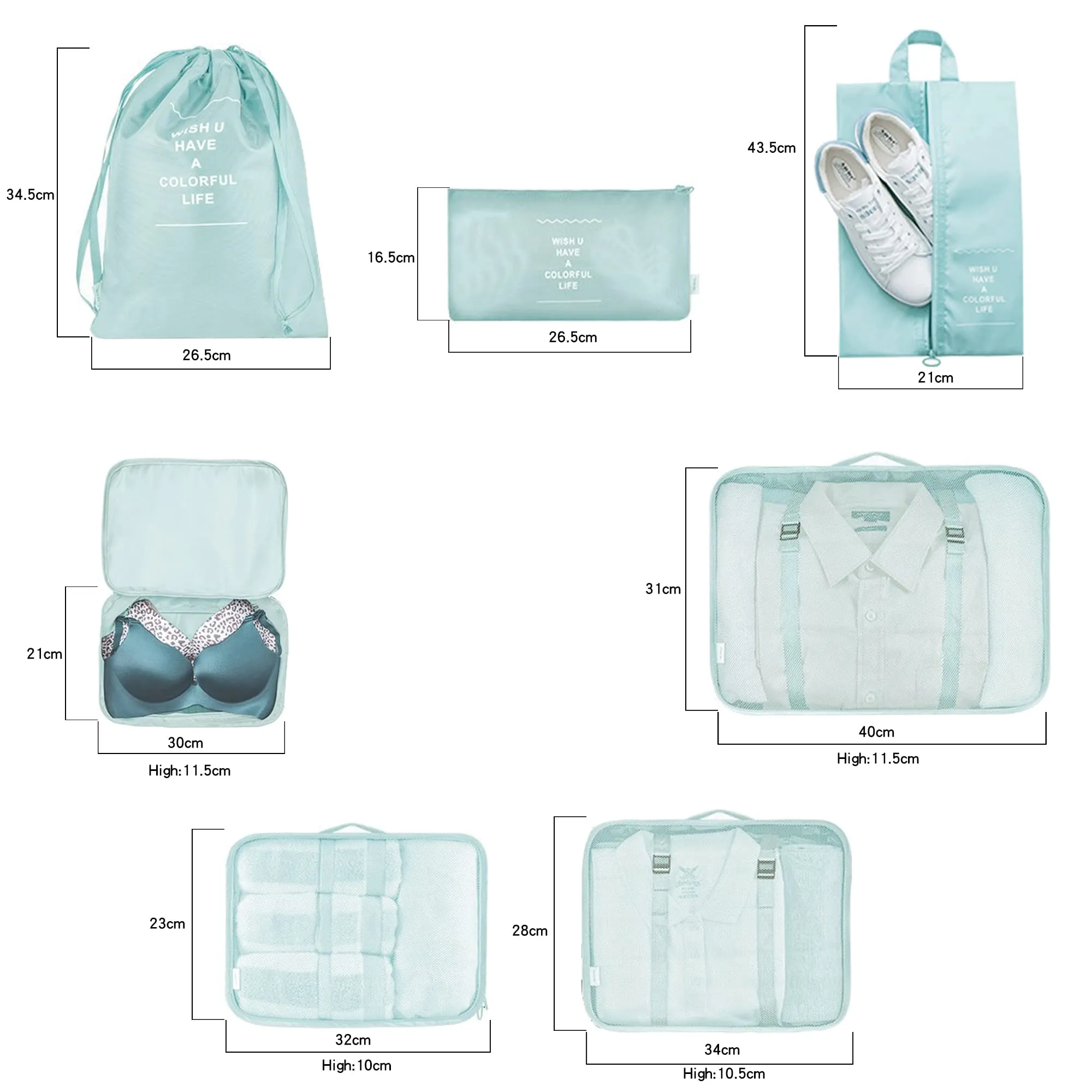 7 Pcs Packing Cubes for Suitcase Lightweight Luggage Packing Organizers for Travel Accessories,Waterproof Travel Essentials Bag Light Blue-7pcs