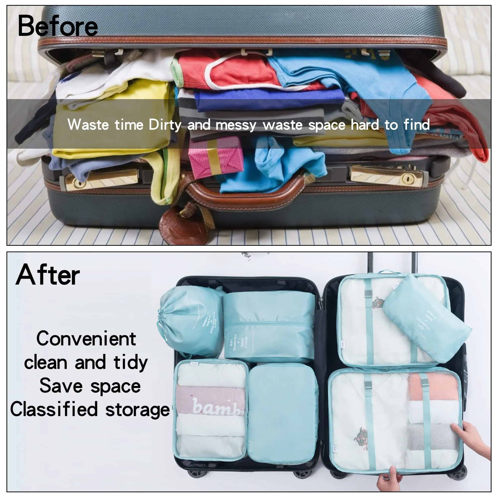 7 Pcs Packing Cubes for Suitcase Lightweight Luggage Packing Organizers for Travel Accessories,Waterproof Travel Essentials Bag Light Blue-7pcs
