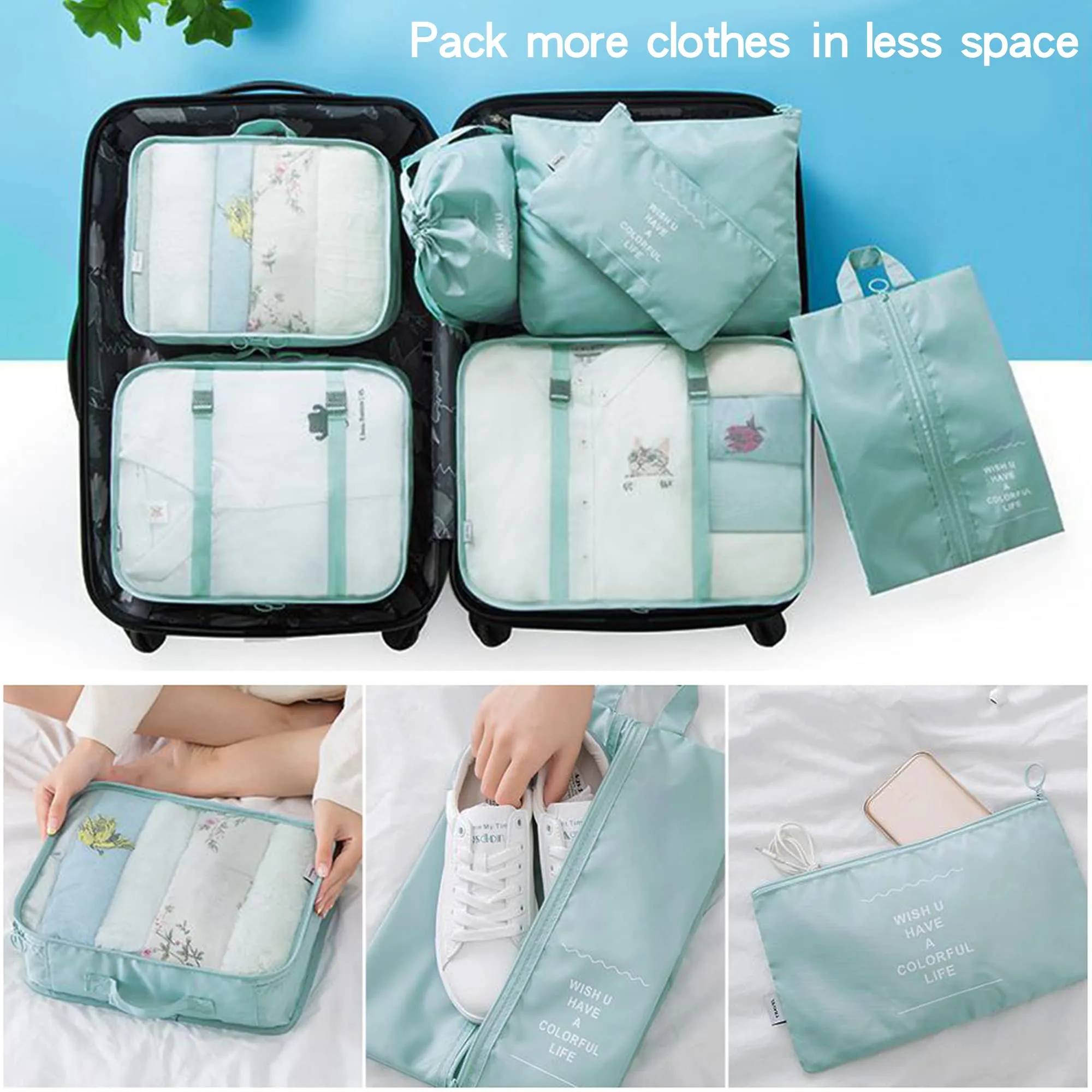 7 Pcs Packing Cubes for Suitcase Lightweight Luggage Packing Organizers for Travel Accessories,Waterproof Travel Essentials Bag Light Blue-7pcs