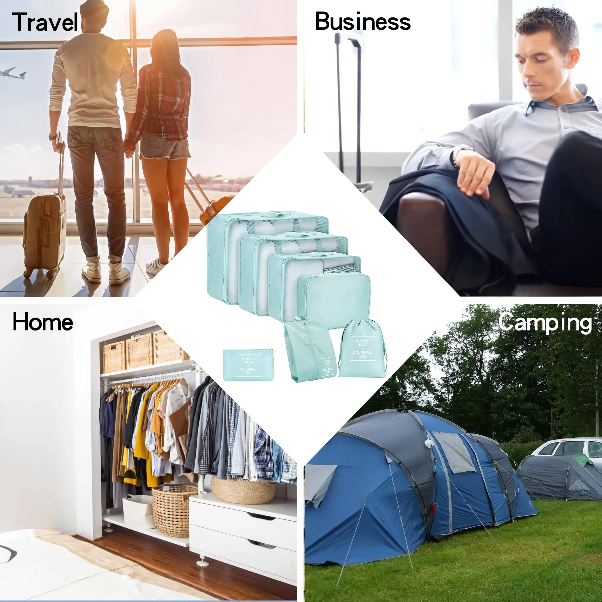 7 Pcs Packing Cubes for Suitcase Lightweight Luggage Packing Organizers for Travel Accessories,Waterproof Travel Essentials Bag Light Blue-7pcs