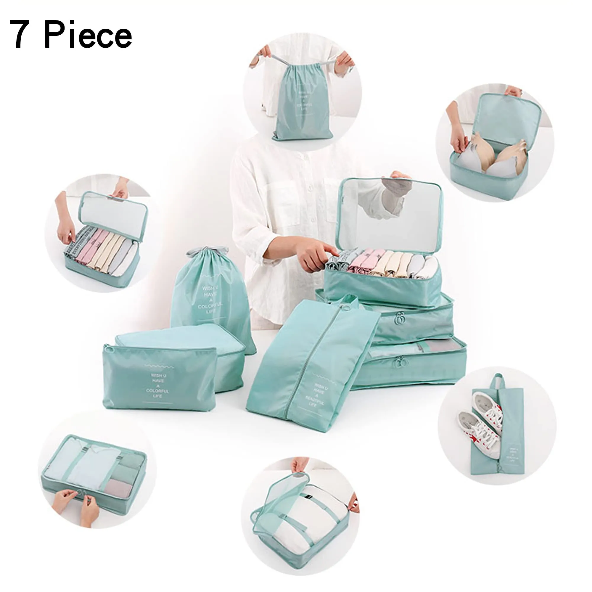 7 Pcs Packing Cubes for Suitcase Lightweight Luggage Packing Organizers for Travel Accessories,Waterproof Travel Essentials Bag Light Blue-7pcs