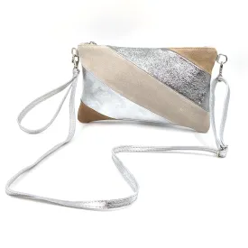 Diagonal design metallic leather an suede clutch bag with cross body strap