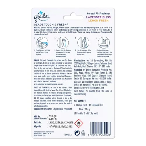 Glade Touch & Fresh Aerosol Air Freshener for Bathroom | 12ml Refill (Pack of 3) | Lasts up to 100 Sprays,Lavender | Lasting Fragrance with One Touch