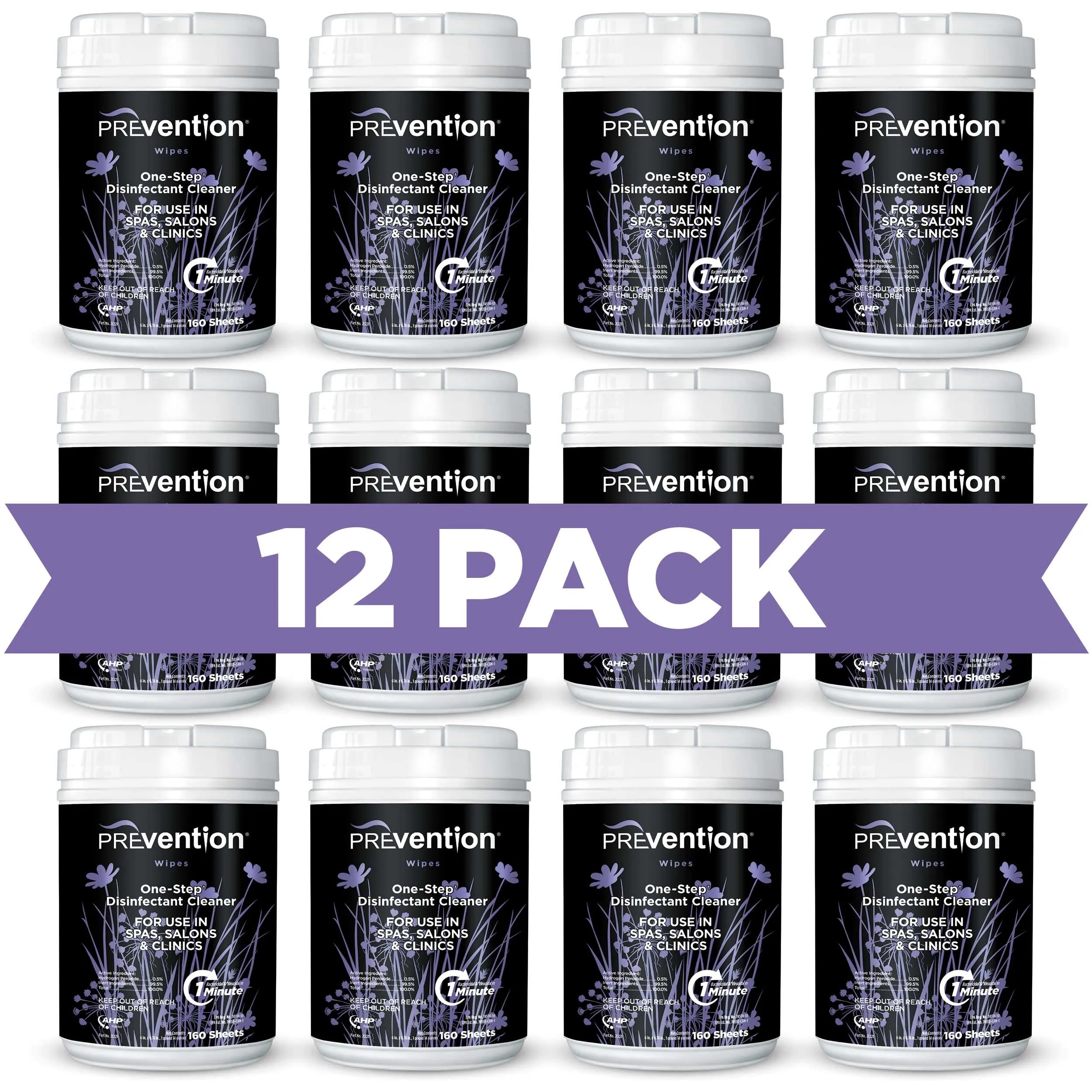 Prevention All Purpose Cleaner Wipes – One-Step Wipes for Salons, Spas, Clinics, Tanning Bed Cleaner Surface Sanitizing Wipes – 160 Count per Canister, Pack of 12