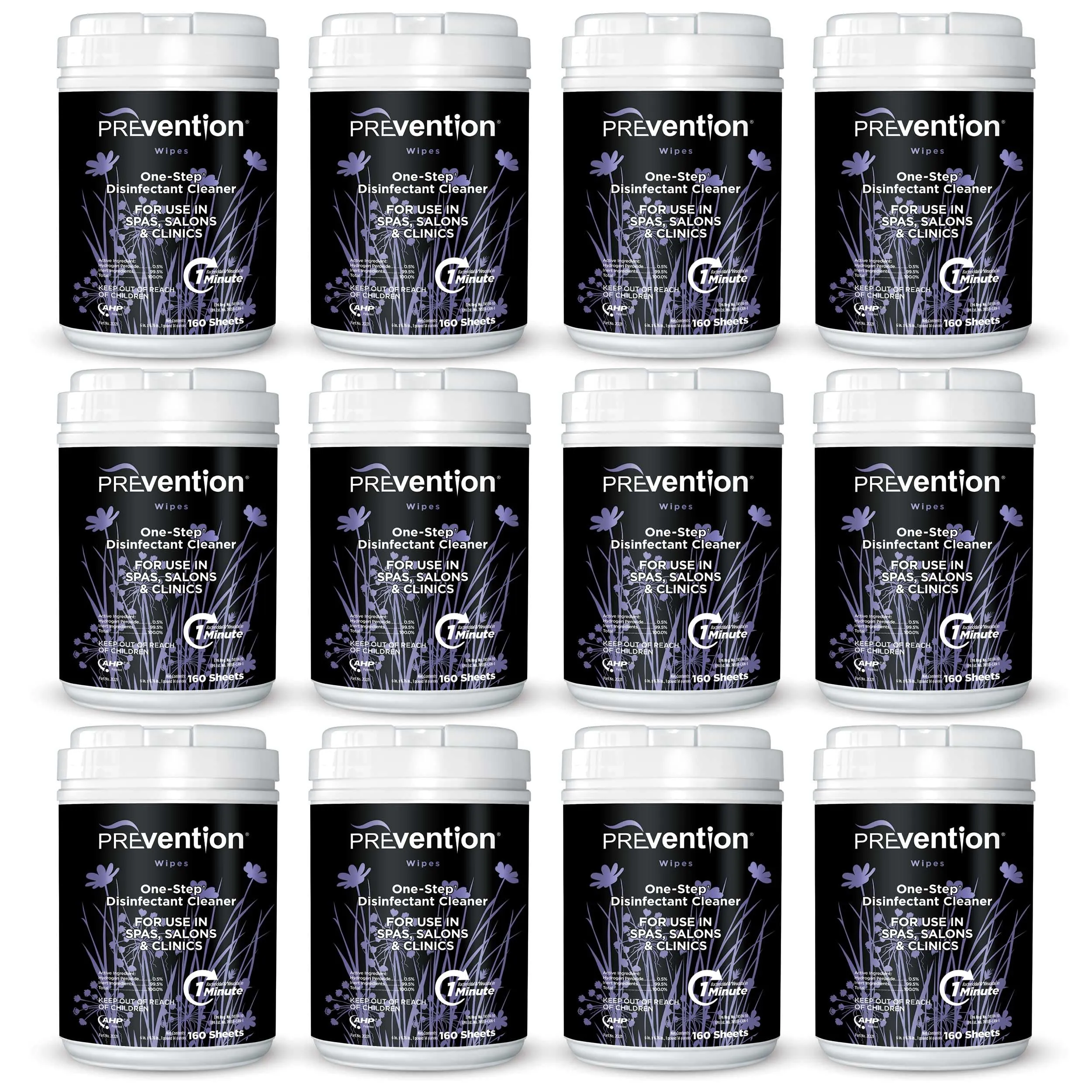 Prevention All Purpose Cleaner Wipes – One-Step Wipes for Salons, Spas, Clinics, Tanning Bed Cleaner Surface Sanitizing Wipes – 160 Count per Canister, Pack of 12