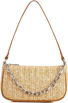 RTGGSEL Boho Summer Retro Women's Straw Rattan Beach Tote Bag Crossbody Shoulder Bags Hobo Underarm Handbag Straw Purse