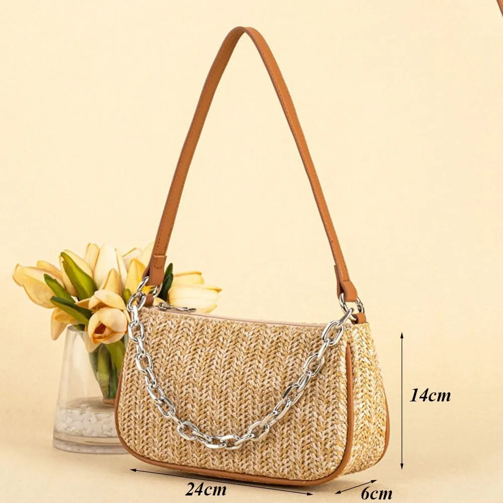 RTGGSEL Boho Summer Retro Women's Straw Rattan Beach Tote Bag Crossbody Shoulder Bags Hobo Underarm Handbag Straw Purse