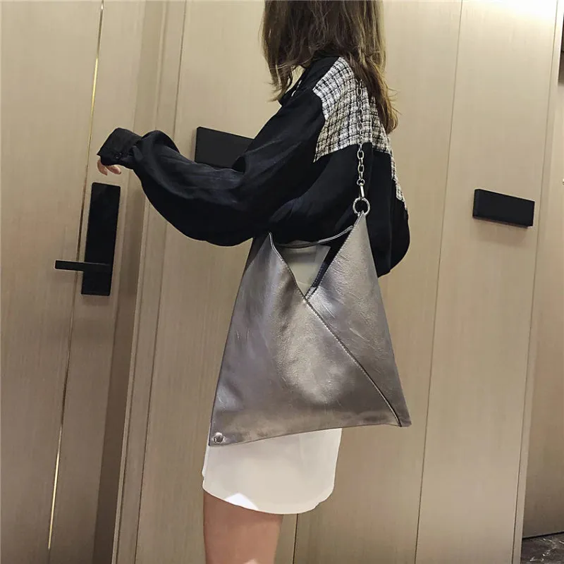 V-shaped Rivet and Chains Strap Vegan Leather Shoulder Bags