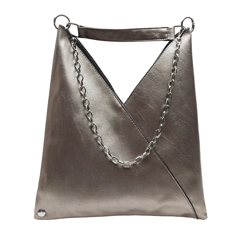 V-shaped Rivet and Chains Strap Vegan Leather Shoulder Bags