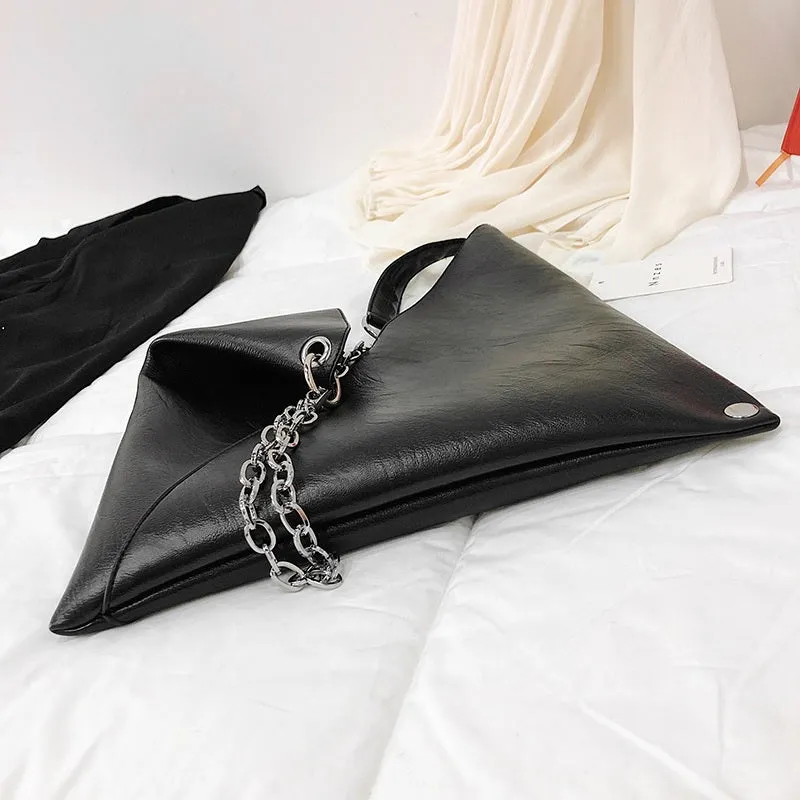 V-shaped Rivet and Chains Strap Vegan Leather Shoulder Bags