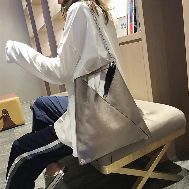V-shaped Rivet and Chains Strap Vegan Leather Shoulder Bags