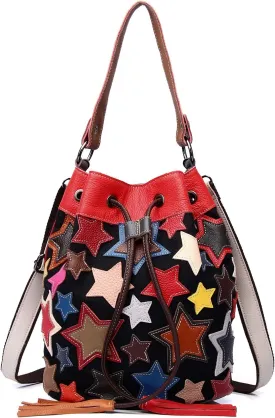 Womens Multicolor Drawstring Bucket Bag Leather Colorful Star Stitching Handbag