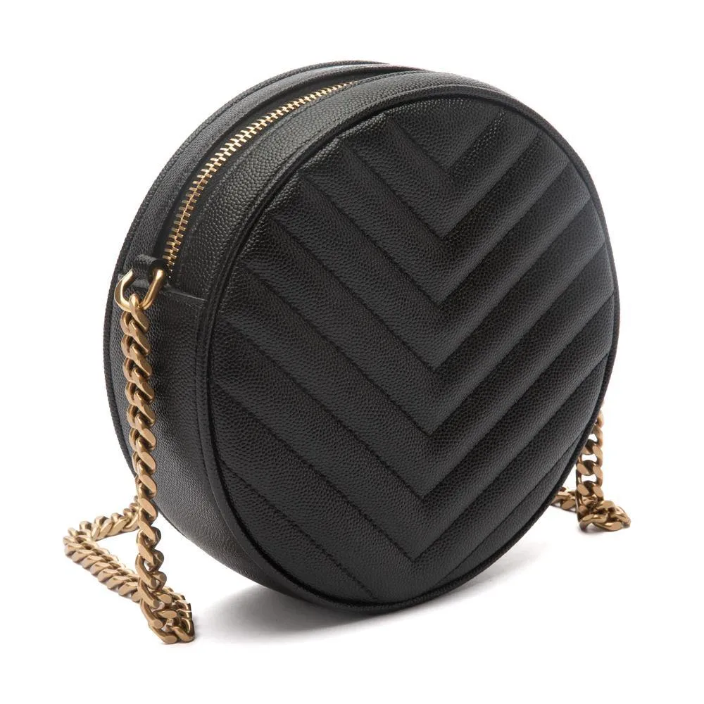 YSL Black Chevron Quilted Leather Vinyle Round Camera Shoulder Bag