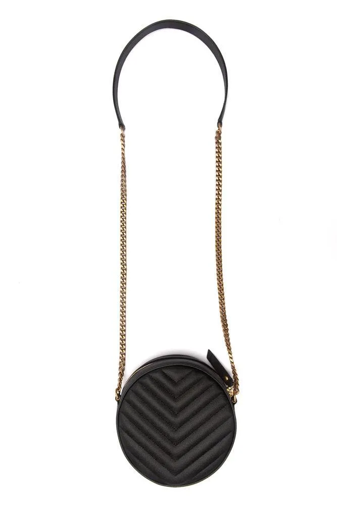 YSL Black Chevron Quilted Leather Vinyle Round Camera Shoulder Bag