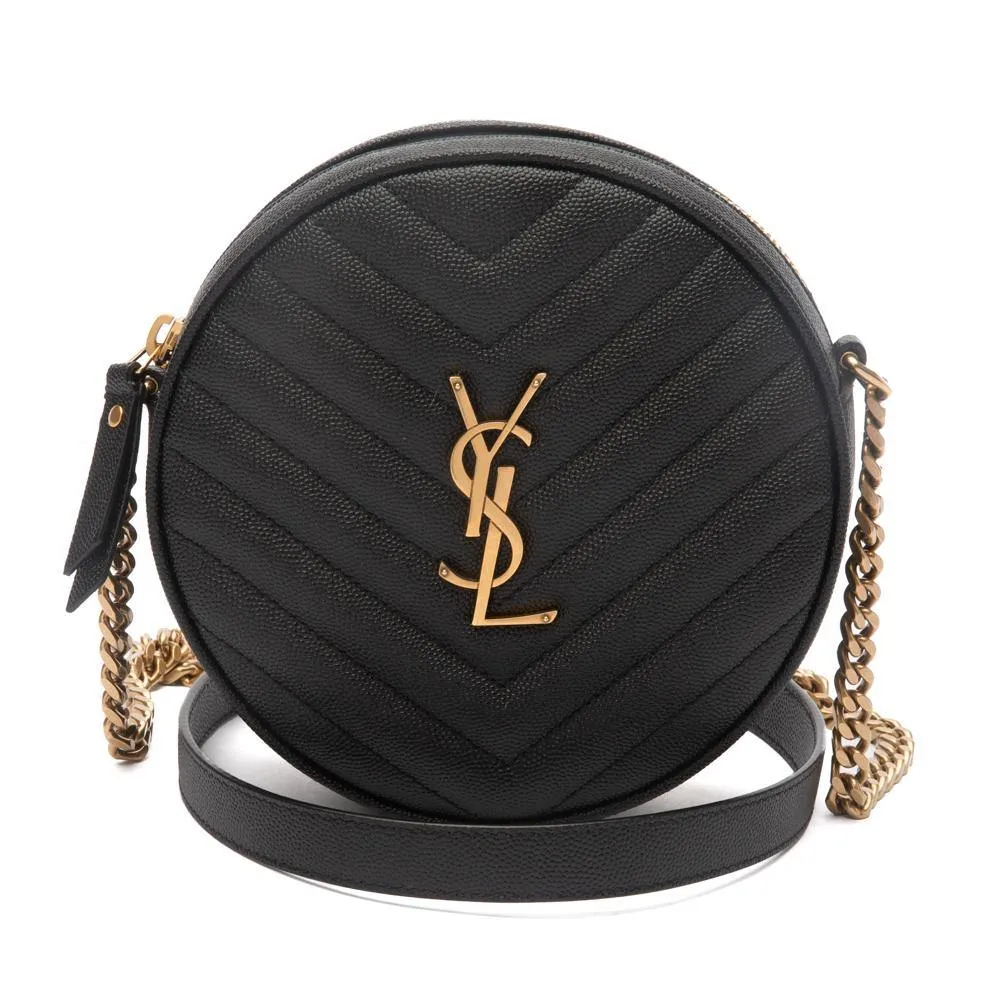 YSL Black Chevron Quilted Leather Vinyle Round Camera Shoulder Bag
